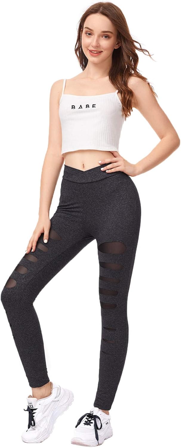 SweatyRocks Women's Legging Mesh Insert Ripped Tights Yoga Slim Pants at  Women’s Clothing store