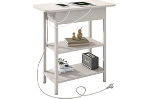 LIDYUK End Table with Charging Station, Flip Top Side Table with USB Ports and Outlets, Nightstand for Small Spaces, Bedside Tables with Storage Shelf for Living Room, Bedroom, White