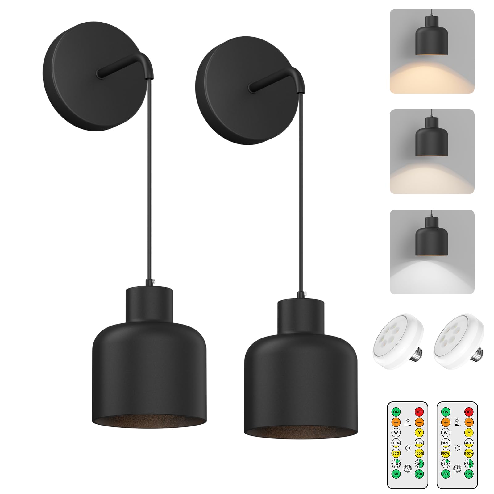 Photo 1 of Aoceley 2-Pack Battery Operated Hanging Wall Sconces,3000K-6000K Indoor Non-Hardwired Dimmable Wall Light with Remote,AA Battery Powered Wall Lamp for Living Room Bedroom(Black)