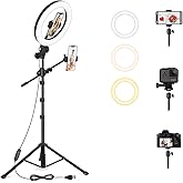LUXSURE 10.5" Ring Light with Stand and 2 Phone Holder, Tripod for iPhone with Light - 3 Color Modes, Overhead Tripod with Sh