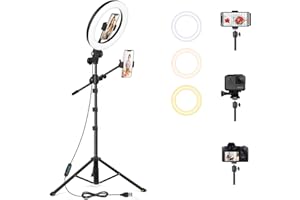 LUXSURE 10.5" Ring Light with Stand and 2 Phone Holder, Tripod for iPhone with Light - 3 Color Modes, Overhead Tripod with Sh
