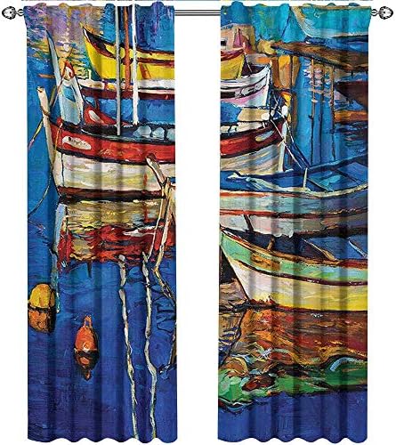 Country, Blackout Curtains Kids, Folk Art Style Paint of Boats on Shore at Golden Yellow Sunset Cruising by The Sea, Curtains Kitchen Window Set, W108 x L96 Inch, Multicolor