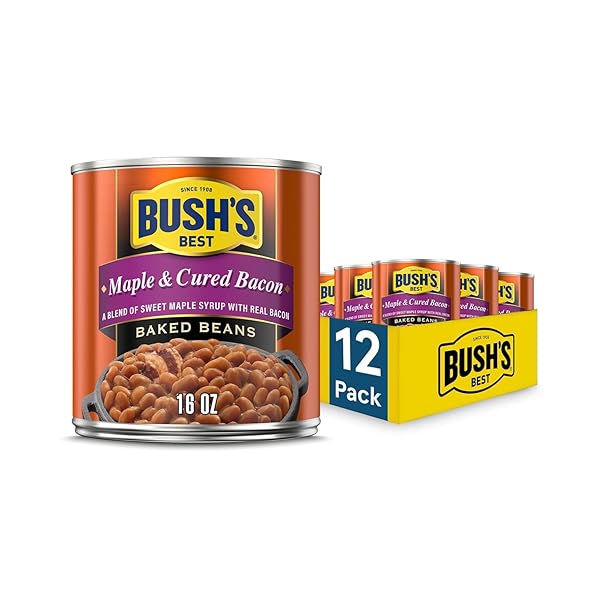 BUSH’S BEST 16 OZ CANNED MAPLE CURED BACON BAKED BEANS SOURCE OF PROTEIN AND FIBER, LOW FAT, GLUTEN FREE, (PACK OF 12)