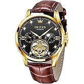 OLEVS Mens Leather Watches Automatic Mechanical Skeleton Tourbillon Diamond Luxury Self Winding Dress Wrist Watches Moon Phase Waterproof Luminous