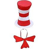 WASIRL Top Hat Cat Costume Kit Accessory for Adults Red and White Striped Stovepipe Hat Gloves Bow Tie for Halloween Props