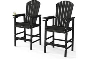 VINGLI Tall Adirondack Chairs Set of 2 HDPE Adirondack Bar Stools with Cup Holders, Poly Deck Chairs Outdoor Bar Stools, 350LBS Capacity (Black, 2 PCS)