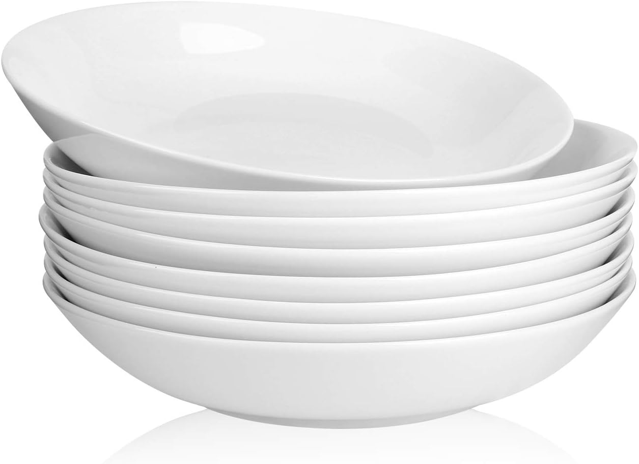 AnBnCn Porcelain Shallow Pasta/Salad Bowls - 22 Ounce - Set of 8, White