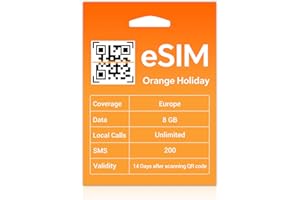 MEWFI Orange eSIM for Europe Travel 14 Days 8GB, Activation Required, Unlimited Local Calls, 200 SMS, Only for Unlocked eSIM Device (esim-14 Days 8GB-Activate Required)