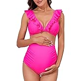 Summer Mae Maternity High Waist Swimsuit Two Piece Ruffle Bikini Bathing Suit Floral V-Neck Pregnancy Swimwear