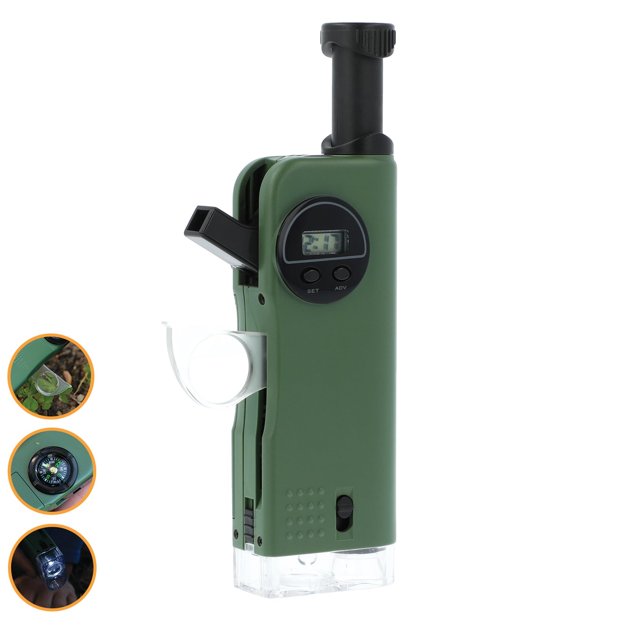 Photo 1 of Carson X- Kids 7 Function Multi Purpose Optical Pocket Tool with 30x Microscope, 8x Telescope, 9x Fold-Out Magnifier, Flashlight, Signal Whistle, Directional Compass and Digital Clock (CP-11)