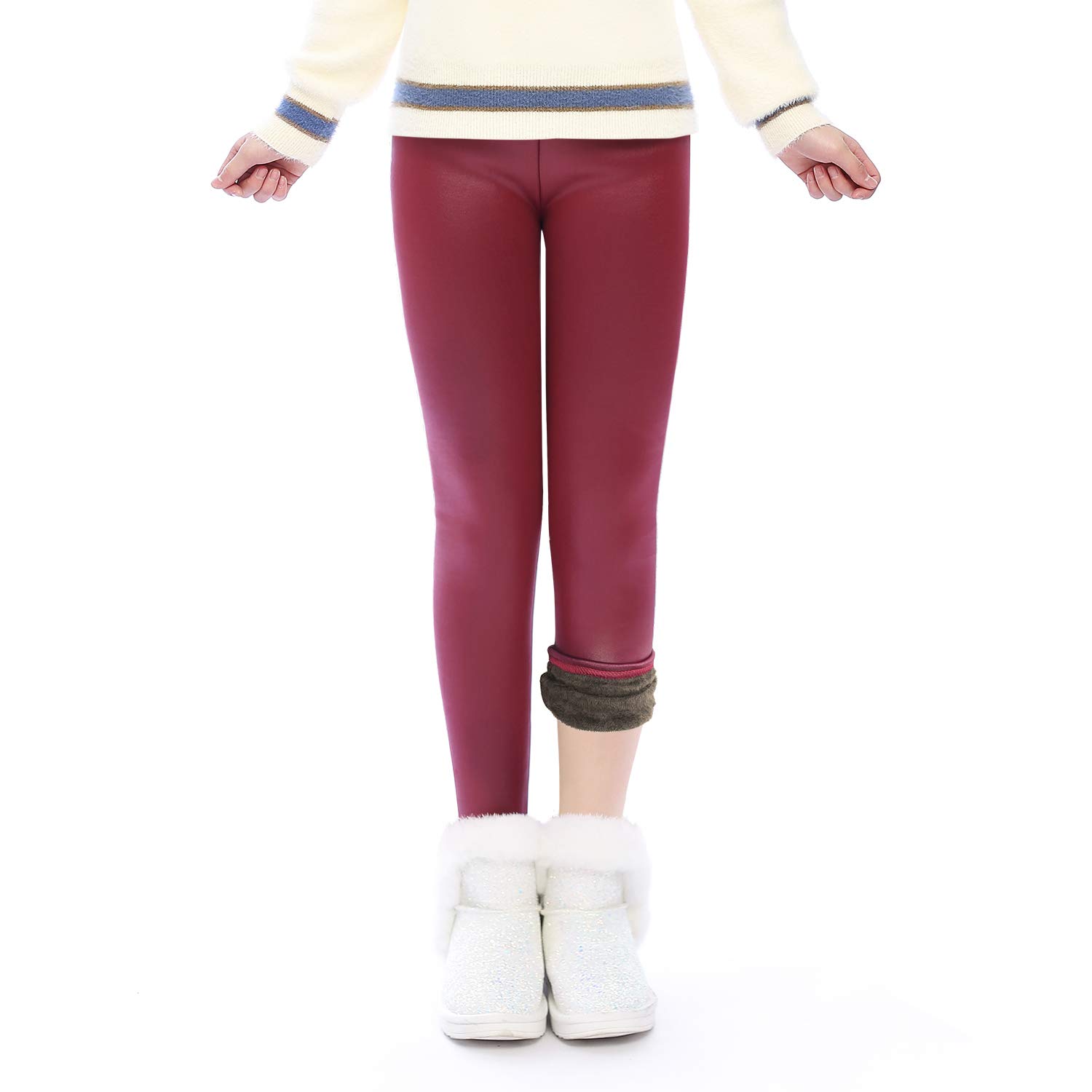 Winter Thick Warm Long Kids Pants Fleece Lined Girls Leggings(GP22_Red_120)