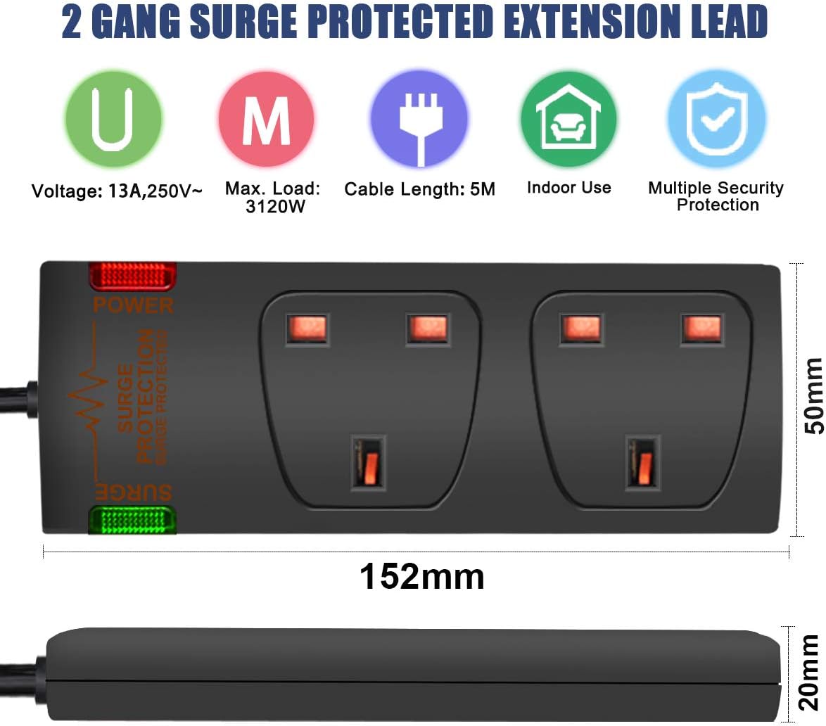 ExtraStar 2 Way Double Socket Power Mains Extension Lead 5M Metre Cable - Surge Protected British Approved 13A - Black - Image 3