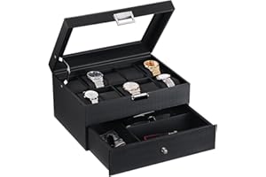 BEWISHOME Watch Box Organizer with Valet Drawer - Real Glass Top, Metal Hinge, Large Holder, Black Carbon Fiber Faux Leather - 10 Slots Watch Storage Case Jewelry Box for Men SSH14C