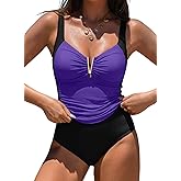 Aleumdr Women's V-Wire Tankini Sets Ruched Two Piece Swimsuit Bathing Suit Color Block Swim Tops with Bottoms
