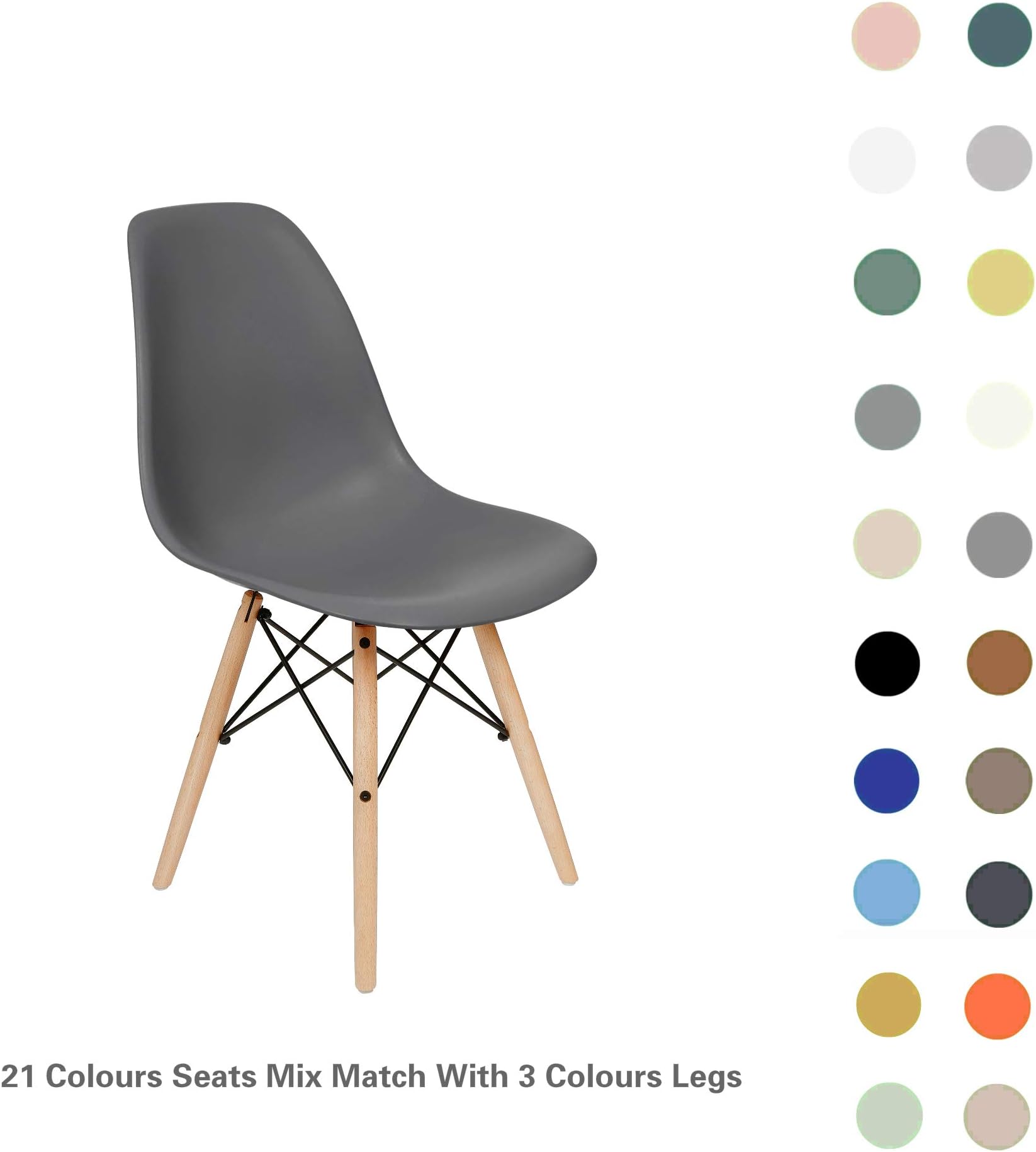FUSIONWELL Dining Chair Plastic Seat with Wooden Legs for Kitchen Office Lounge Bedroom Chair (Steel Grey, Natural Wood Legs)