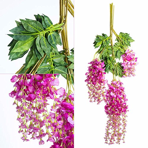 YSBER 6/12 Piece Artificial Fake Wisteria Vine Rattan, Hanging Silk Flowers String for Home Party, Yard and Wedding, Purple/Red - Thumbnail 3