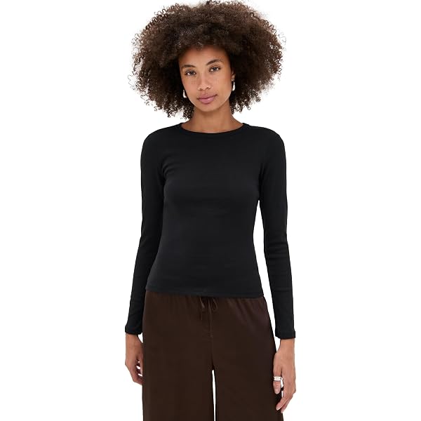 Enza Costa Women's Textured Rib Long Sleeve Crew Tee, Black, XS at