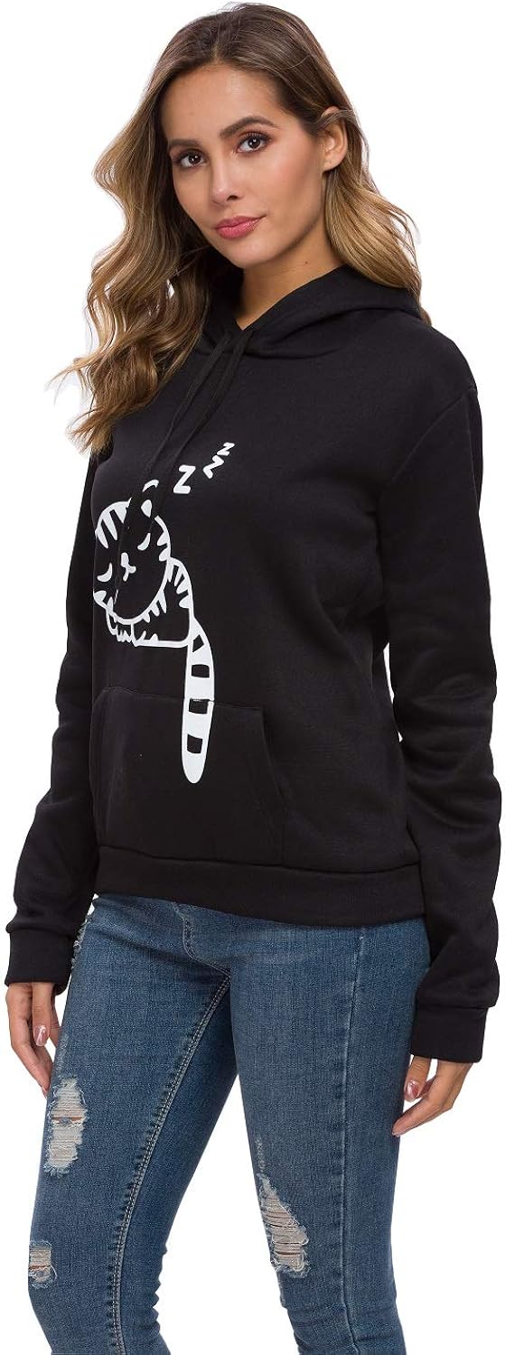 Women Teen Girls Cat Hoodie Sweatshirt Cute Cat Ear Sleeping Cat Printed Pullover Sweatshirt: Clothing