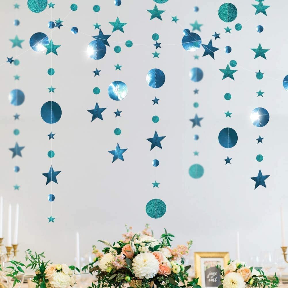 Cheerland Teal Wedding Party Decoration Emerald Twinkle Little Star Party Garlands Glitter Full Moon Streamer Banner for Birthday Wedding Receiption Baby Shower Sweet 16 Bachelorette Home