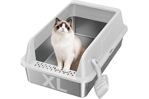OneBug Extra Large Stainless Steel High Sides Cat Litter Box with Scoop, XL 23"X15"X10.3" Metal Odor Resistant Nonstick Easy Clean Kitty Litterbox, Gray