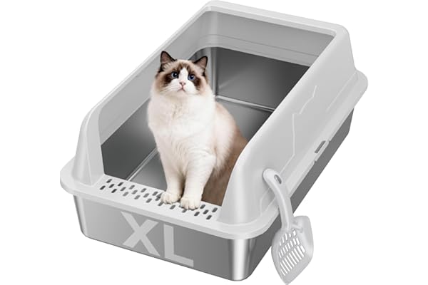 OneBug Extra Large Stainless Steel High Sides Cat Litter Box with Scoop, XL 23"X15"X10.3" Metal Odor Resistant Nonstick Easy Clean Kitty Litterbox, Gray