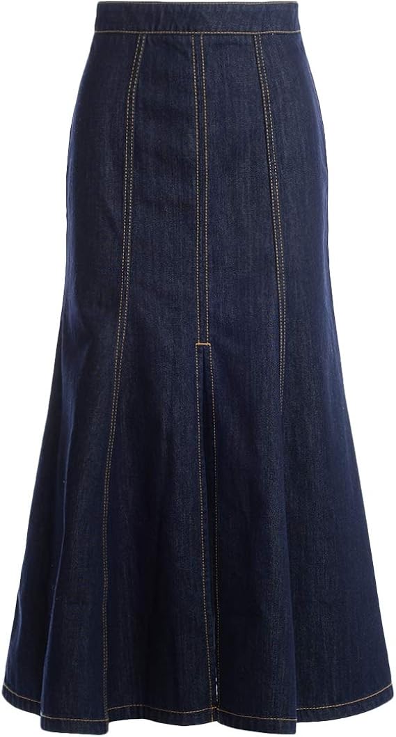 dark blue denim midi skirt