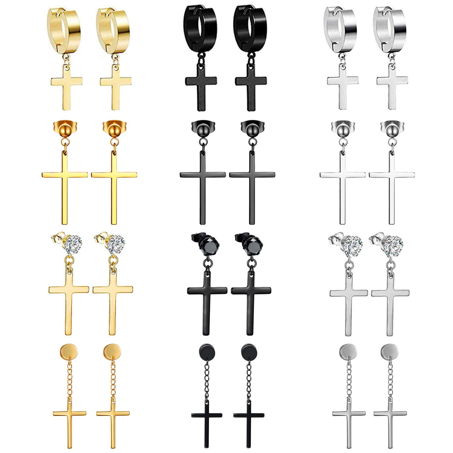 Oidea 12 Pairs Stainless Steel Cross Dangle Hinged Hoop Earrings Huggie Earrings Piercing CZ Stud Mens Womens Silver Gold Black