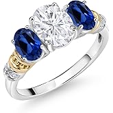 Gem Stone King 925 Sterling Silver and 10K Yellow Gold IGI Certified Lab Grown Diamond and Blue Created Sapphire 3 Stone Ring For Women | 2.73 Cttw | Center Oval Diamond 1.5 Ct | E-F Color | VS1-VS2
