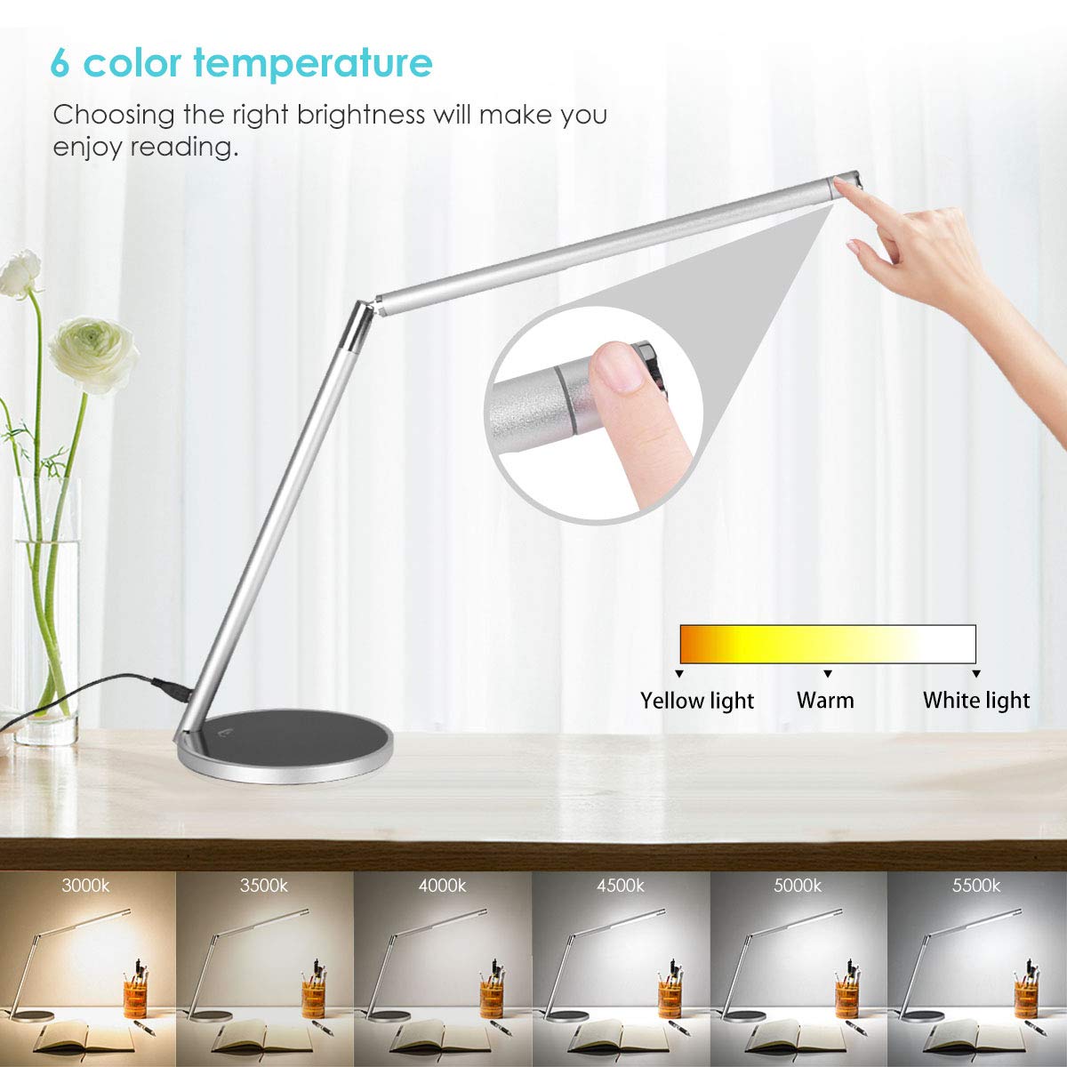Joly Joy LED Desk lamp with Touch Control, Dimmable Table Lamp, Eye- Care Office Light, 6 Color Temperatures with 4 Brightness Levels, Memory Function, 10 and 40 Minute Timer