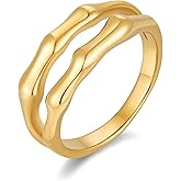 TENTMENTISE 18K Gold Plated Stainless Steel Bamboo Double Band Ring for Women – Stackable Dainty or Chunky Non-Tarnish Jewelry Gift for Wedding, Anniversary, Everyday Wear Size 6 7 8