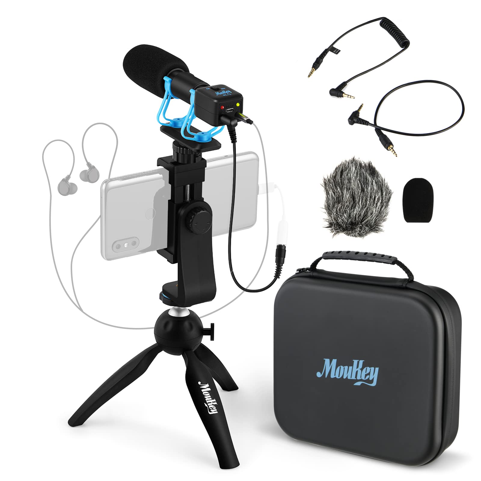 Moukey Smartphone Camera Video Microphone Kit, with Monitoring Function, Mini Tripod,IP4 Waterproof Box,External Video Shotgun Mic for iPhone, Phone,DSLR/Canon/Nikon/Sony Camera -Perfect Vlogging