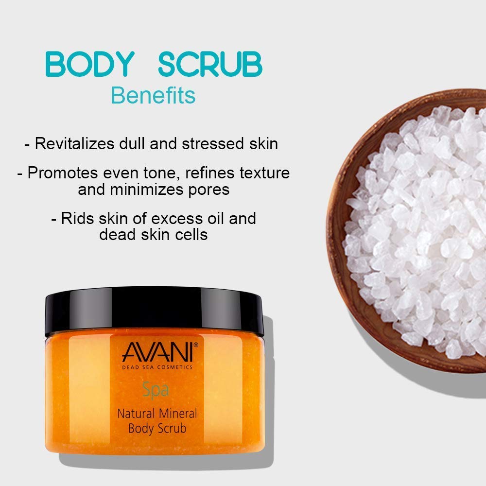 Avani Natural Mineral Body Scrub - Dead Sea Salt, Vitamin E, Jojoba, Sunflower, Sweet Almond - Exfoliating Formula for All Skin Types - Milk/Honey : Dead Sea Salt Scrub : Beauty