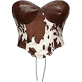 MakeMeChic Women's Cow Print PU Leather Top Lace Up Strapless Open Back Cowboy Chic Crop Tops