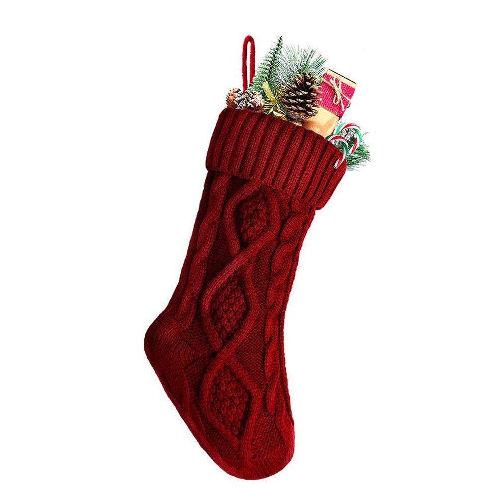 Meiwash Christmas Stockings Cable Knitted Stocking Unique Burgundy Knit Large Size Personalised Gift Bag for Xmas Tree Decorations (Red, 46cm)