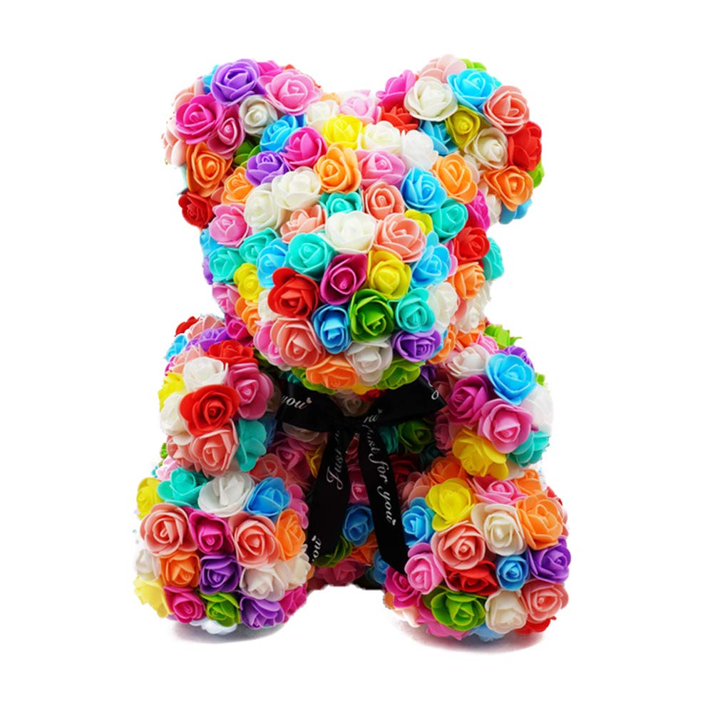 FeiWen Rose Flower Bear 10 inch Teddy Bear Artificial Flowers Gift for Mothers Day, Valentines Day, Anniversary & Bridal Showers (colourful)
