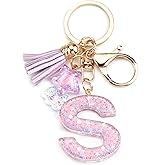 SHTALHST Initial Letter Keychain,Purple Letter Keychain with Star & Tassel Charms,Purple Gift for Women Friends Girlfriend