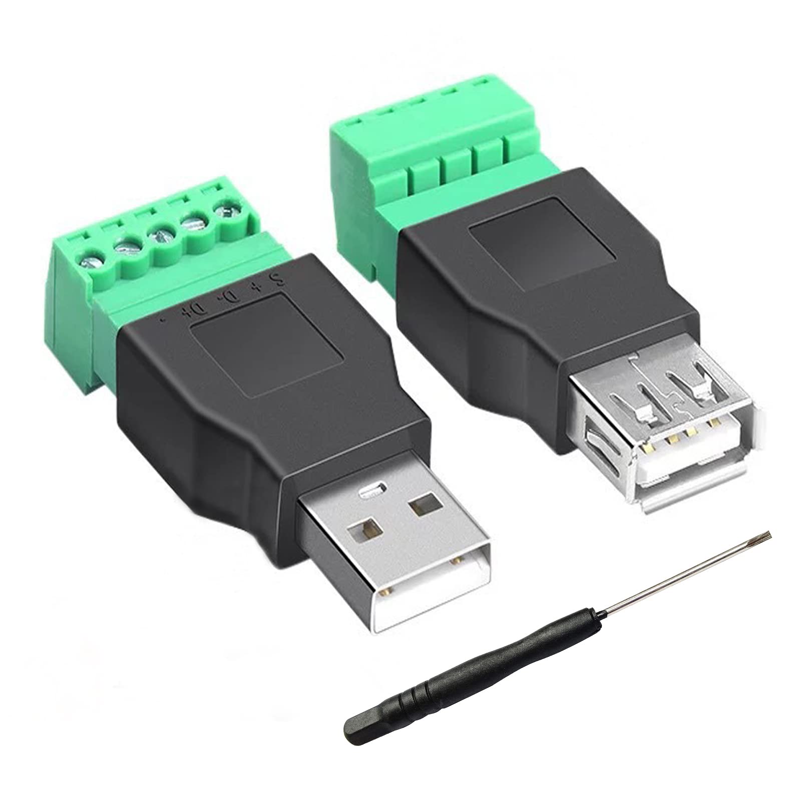 BRIEFCEC 2pcs USB 2.0 Screw Connector USB Terinal Adapter Converter, USB 2.0 Type A Male & Female to 5-pin Screw Terminals Data Transfer (USB Adapter Male + Female)