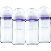 Lansinoh Anti-Colic Glass Baby Bottles, 8 Ounces, 4 Count Bottles for Feeding, Baby Essentials, Includes 4 Medium Flow Nipples, Size M