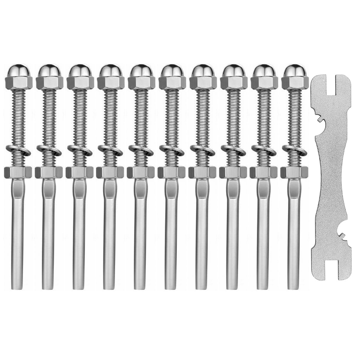 Pack of 10 ZONADAH Threaded Cable Tensioners and Wrench, 304 Stainless Steel Cable Threaded Terminal Tension Stud Ends Fitting for 1/8" Cable Railing Rigging Systems Wire Rope Connectors