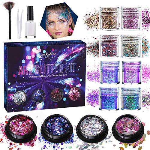 Chunky Glitter, Luckyfine Unicorn Chunky Glitter Makeup Chunky Glitter Sequins, for Nails Face Eyeshadow Lips Hair Body, Included Glue and Brush -12 Jars