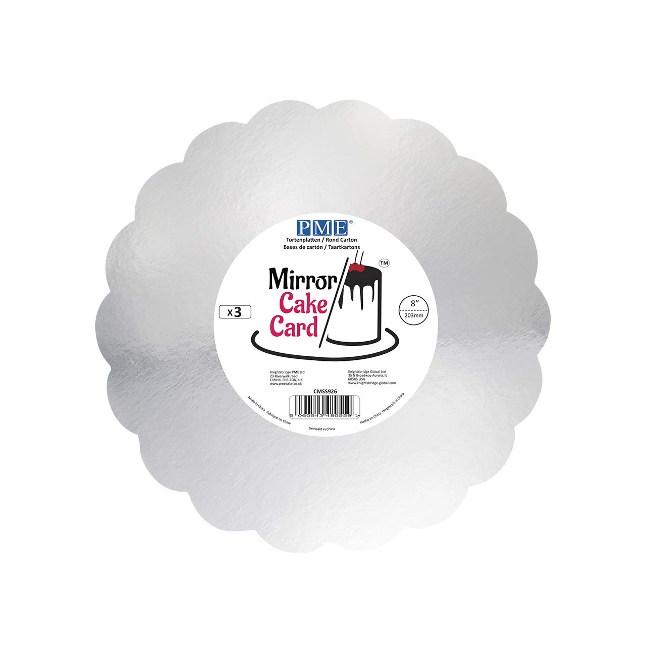 PME CMSS926 Mirror Cake Card-Scallop-Metallic Silver-Pack of 3, 20cm/8 Inch