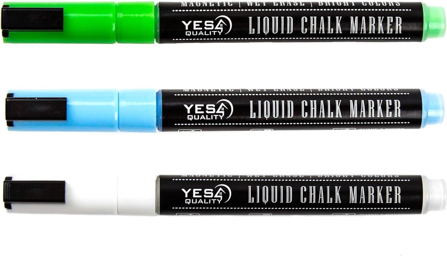 YES4QUALITY Magnetic Liquid Chalk Markers - 3 Pack - Vibrant Neon Colours with 3 mm Fine Bullet Tip - Erasable Dry Erase Pens for Blackboards - Chalkboard Signs, Windows & Glasses