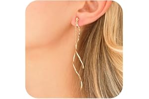 KESAPLAN Clip on Earrings for Women 14K Gold Plated Long Dangle White Pearl Earrings Simple No Piercing Hoop Stud Earrings Lightweight Curve Tassel Chain Ear Clips Minimalist Jewelry Wedding Christmas Gift