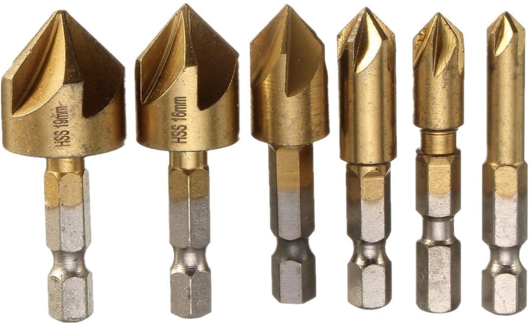 VCCA 1/4 inch Hex Shank HSS 5 Flute Countersink Drill Bit Set 90 Degree Chamfer Cutter for Wood Quick Change Bit 6mm-19mm 6pcs