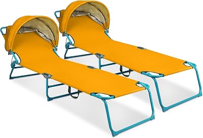 2 Pack Outdoor-Lounge-Stuhl, Sonnenstuhl mit Sonnenschirm Dach, verstellbare Rückenlehne Folding Chaise Lounge, Liege Strand Bett für Strand, Camping, Wandern -Gelb