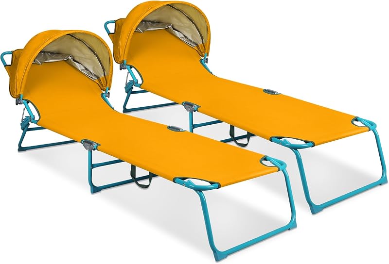 Confezione da 2 poltrone da spiaggia con baldacchino, regolabile in 4 posizioni, sedia abbronzante pieghevole per esterni, resistente, per piscina, patio, prendere il sole, prato, UPF 50+