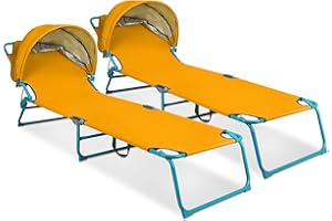 Northroad 2 Pack Outdoor Lounge Chair, Tanning Chair with Sunshade Roof, Adjustable Backrest Folding Chaise Lounge, Reclining Beach Bed for Beach, Camping, Hiking -Yellow
