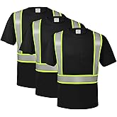wefeyuv 3PCS-High Visibility Shirts Quick Dry Safety T Shirts with Pocket and 3 Reflective Strips Short Sleeve Mesh Hi Vis Construction Work Class 2 Shirt for Men/Women, Black XL