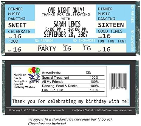 Party Favors with a Ticket Theme, Birthday Candy Bar Wrappers (Set of 12)(W127)