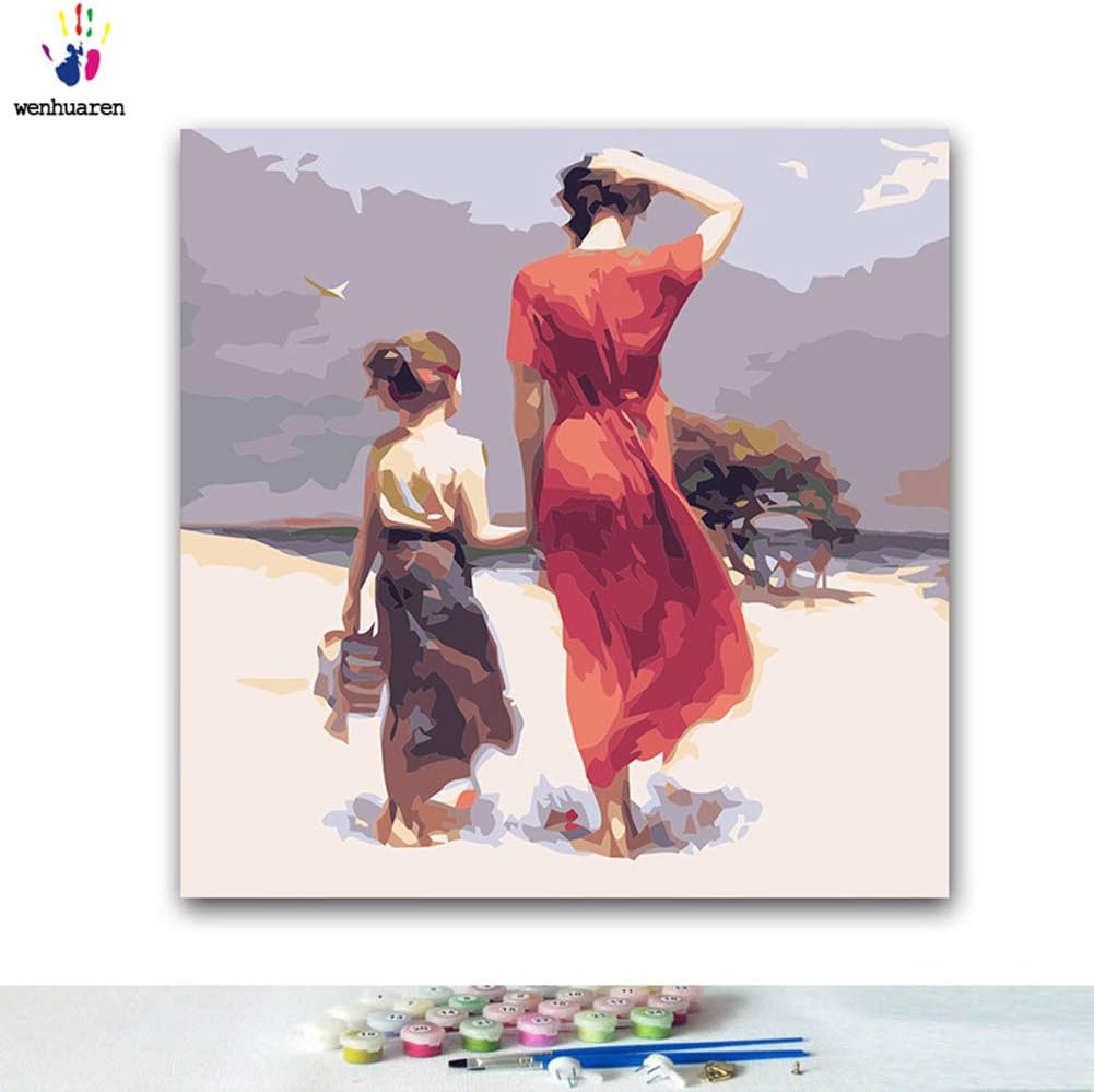 Paint by Number Kits Canvas DIY Oil Painting for Kids, Students, Adults Beginner with Brushes and Acrylic Pigment -Red Woman and Daughter on The Beach (8615, 16x16 no Frame)